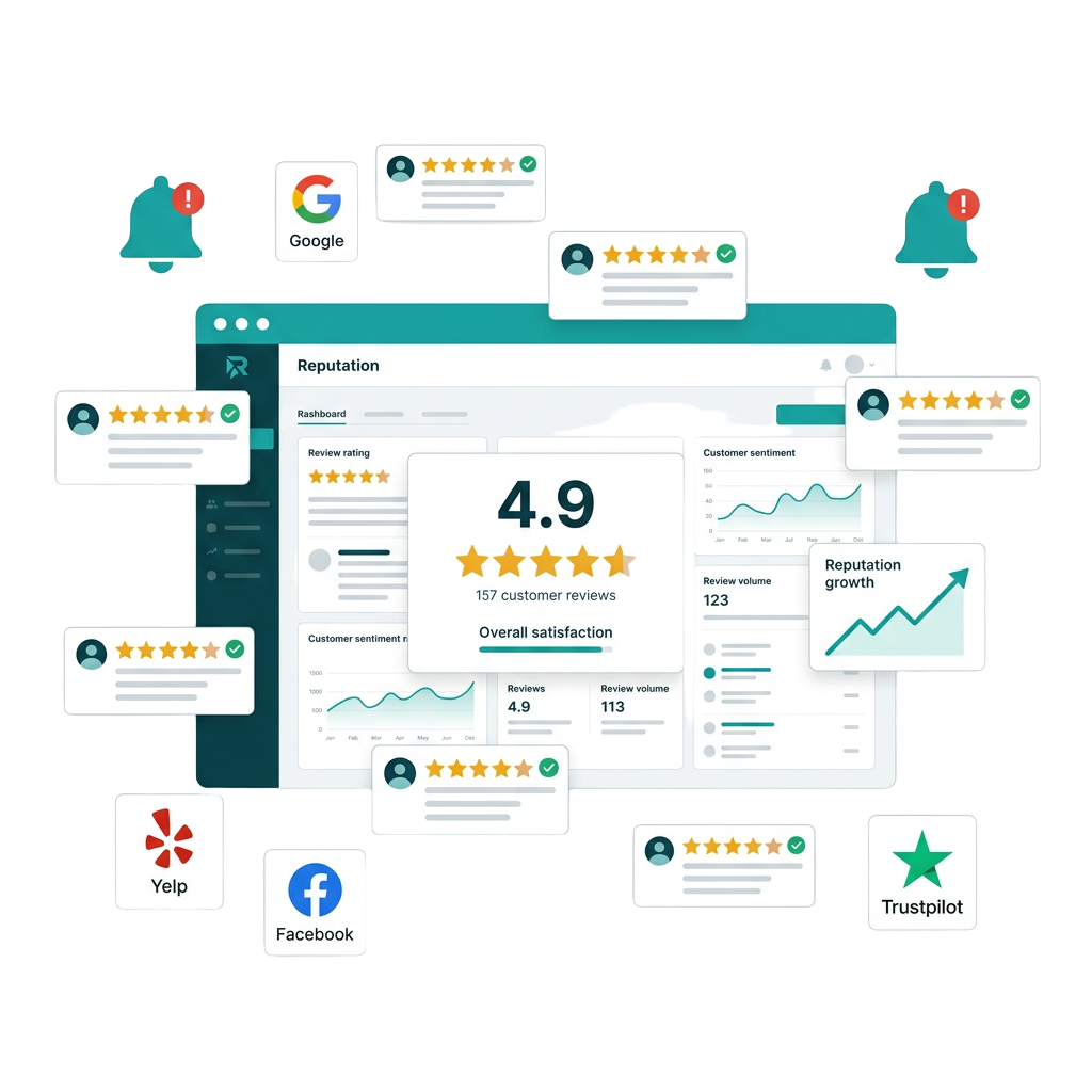 Isometric reputation management illustration with 5-star rating dashboard, notification bell, analytics chart, and brand shield