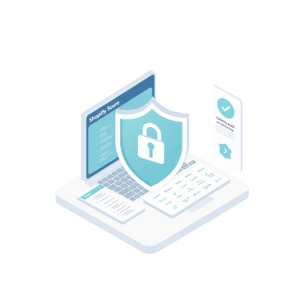 Isometric Shopify security illustration with shield, lock, vulnerability scanner, and audit checklist
